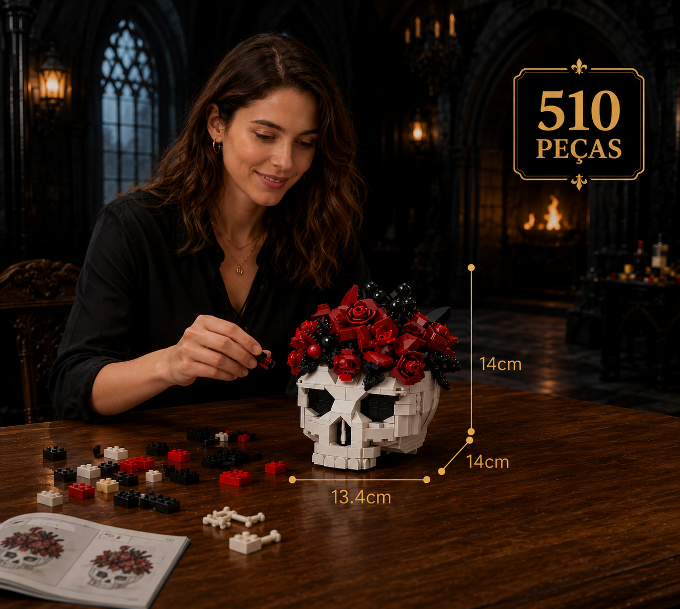 Vaso Caveira com Rosas — Blocos de Montar